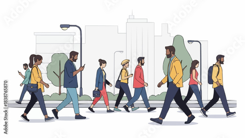 Diverse group of people walking on a city street.