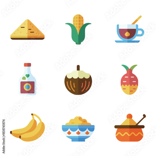 Harvest food illustration pack, grains fruits drinks dishes, seasonal agriculture celebration symbols, clean flat vector design