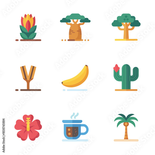 Exotic plant illustration pack, flowering trees palms cactus tropical leaves, nature festival celebration symbols, vibrant flat vector design