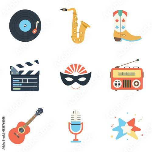 Creative media illustration pack, film clapper mask radio microphone, arts entertainment celebration symbols, clean flat vector design