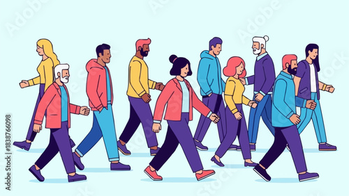 Diverse group of people walking together in a line.