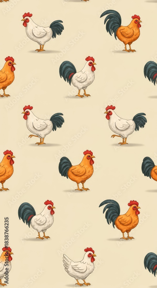 Obraz premium A cute, repeating farm animal pattern featuring stylized hens and roosters on a light pastel background, perfect for textiles or wallpaper design ,backdrop ,farm ,decorative
