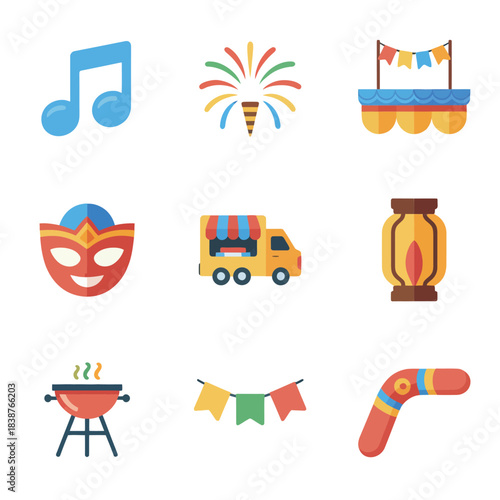 Community festival illustration pack, lanterns barbecue music parade floats, outdoor celebration symbols, clean flat vector design