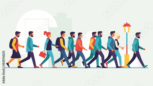 Diverse Group of People Walking Together in a Line.