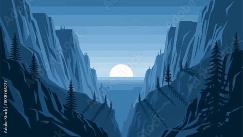 Majestic mountain peaks bathed in soft moonlight.