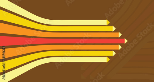 Retro abstract background with converging colorful stripes and arrows on a brown textured surface