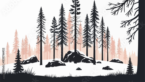 Silhouette of a Winter Forest with Snow-Covered Rocks.