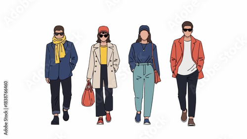 Stylish people walking in trendy winter fashion outfits.