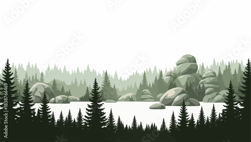 Serene Forest Landscape with Tall Evergreen Trees and Rocky Outcroppings.