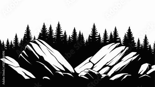 Black and white graphic illustration of large rugged rocks.