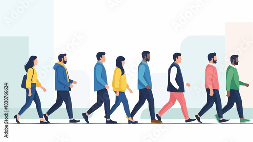 Diverse group of people walking in a line.