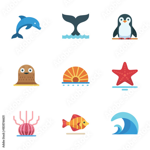 Polar sea animal illustration set, penguins seals whales shells, cold ocean nature celebration symbols, colorful flat vector
