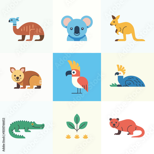 Native animal illustration pack, marsupials reptiles birds plants, wildlife education celebration elements, modern flat vector design