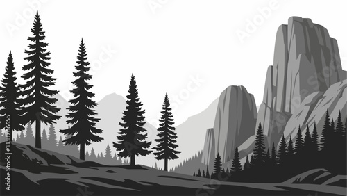 Towering Pine Trees Stand Tall in a Majestic Mountain Landscape.
