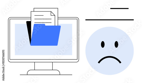 File management concept. Digital files organized in a folder on a computer screen symbolize productivity. Sad emotion highlights challenges. Perfect for productivity, organization, efficiency , IT