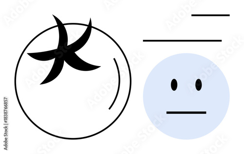 Emotion, identity, artistic , minimalism, abstract design, conceptual art. A neutral face next to a circular artistic symbol with thick curved lines. Emotion and identity are captured