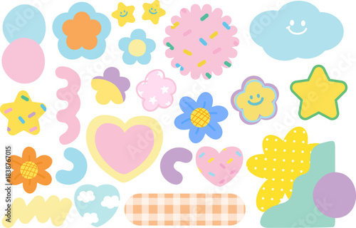Pastel cute icons such as flowers, stars, cloud, heart, text bubbles for various shapes, sign, symbol, blank space, text, messages, stickers, cartoon, floral print, decoration, abstract doodles