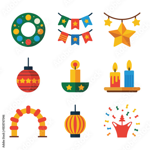 Holiday decor icon pack with wreaths banners lanterns arches confetti, joyful festival celebration elements, colorful flat vector illustration