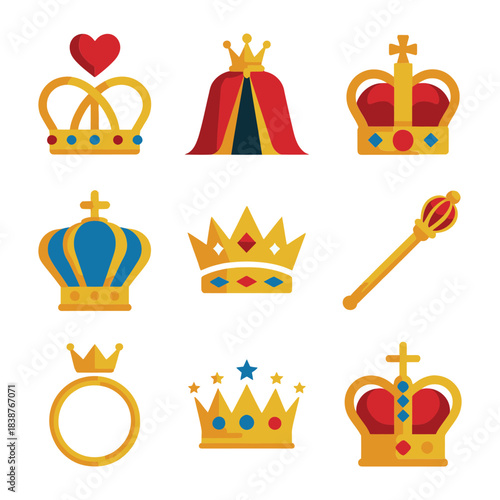 Royal crown and regalia icon set with crowns rings scepters, coronation celebration event symbols, elegant flat vector illustration