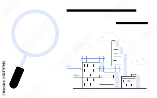Urban development, data analysis, real estate, research, architecture, and city planning. Magnifying glass beside stylized skyscrapers and clouds. Urban development and data analysis visualization