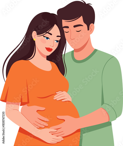 Happy Expectant Couple Embracing Pregnant Belly.