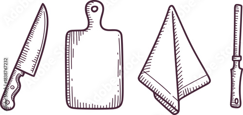 Hand drawn kitchen utensil illustration set with knife cutting board napkin and sharpening rod in simple black and white line art