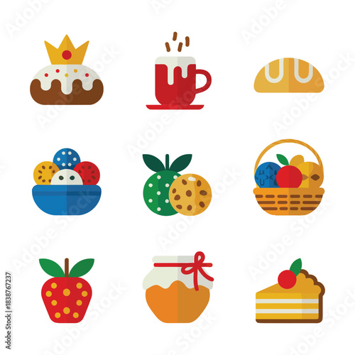 Sweet treats illustration collection featuring desserts berries pastries beverages, joyful holiday celebration symbols, modern flat vector design