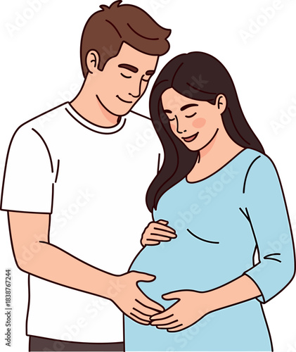 Expectant Couple Hugging Pregnant Belly.
