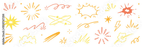 Explosive surprise comic line golden effect set. Hand drawn doodle cartoon speed effect, gold explosive burst action elements. Comic cartoon surprise line luxury shapes. Vector illustration.