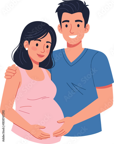 Expectant Couple Hugging Pregnant Belly Happy Parents-to-Be.