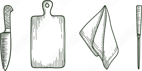 Hand drawn kitchen utensil illustration set with knife cutting board napkin and sharpening rod in simple black and white line art