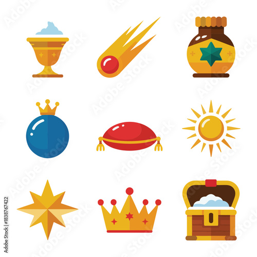 Golden royalty and treasure illustration pack featuring crowns stars chests bottles, ceremonial celebration event graphics, modern flat vector design