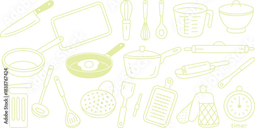 Hand drawn kitchen utensil illustration set with pans knives whisks measuring cup rolling pin graters ladles spatulas oven mitt and cooking tools
