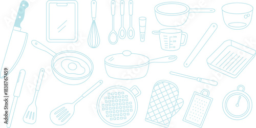 Hand drawn kitchen utensil illustration set with pans knives whisks measuring cup rolling pin graters ladles spatulas oven mitt and cooking tools