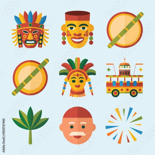 Carnival mask and parade icon pack with drums fireworks faces leaves, festive cultural celebration elements, modern flat vector illustration