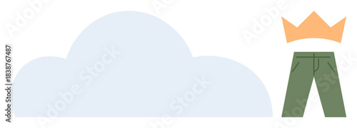 Cloud beside orange crown and green pants, merging natural and royal elements with fashion flair. Ideal for creativity, imagination, uniqueness, fashion, style expression, abstract thinking, simple