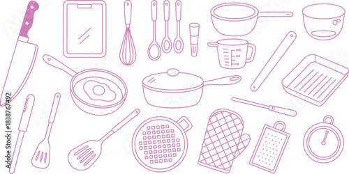 Hand drawn kitchen utensil illustration set with pans knives whisks measuring cup rolling pin graters ladles spatulas oven mitt and cooking tools