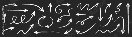 Hand drawn chalk arrow vector set. Hand drawn sketch chalk crayon rough texture brush stroke organic line arrow. Doodle crayon pencil direction element on blackboard background. Vector illustration