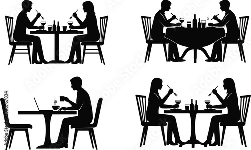 Black and white vector illustration of four dining scenarios with people eating, drinking, and working at tables