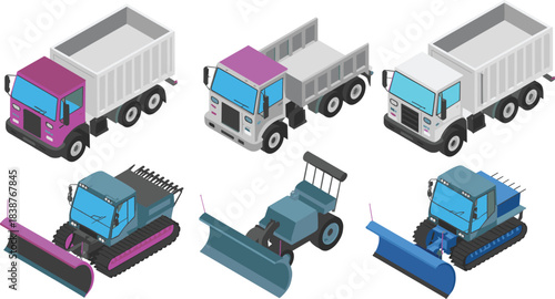 Isometric construction vehicles illustration, dump trucks and snow plows, heavy machinery equipment set, industrial transportation fleet, 3D vector design elements