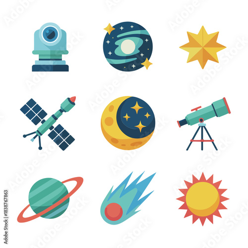 Astronomy icon collection, telescope satellite planet sun moon symbols, educational science themed flat vector set illustrations