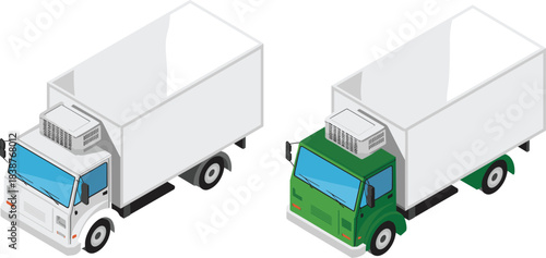 Isometric refrigerated delivery trucks illustration, cold transport vehicles, cargo logistics trucks, frozen goods transportation, commercial cooling truck design for supply chain