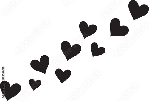 Black hearts scattered diagonally on white background