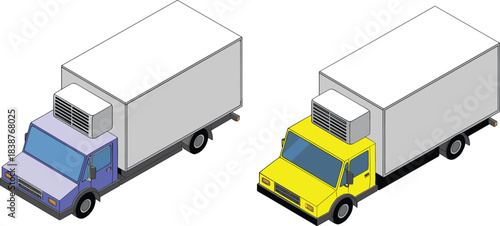 Isometric refrigerated delivery trucks illustration, cold transport vehicles, cargo logistics trucks, frozen goods transportation, commercial cooling truck design for supply chain