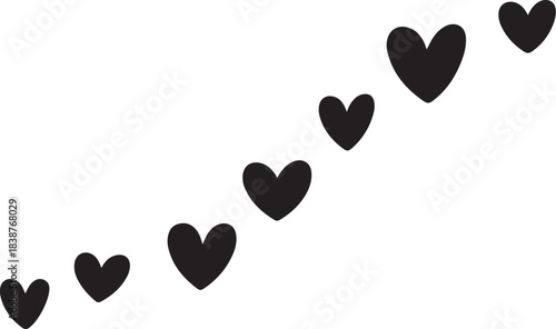 Black hearts ascending diagonally on white background