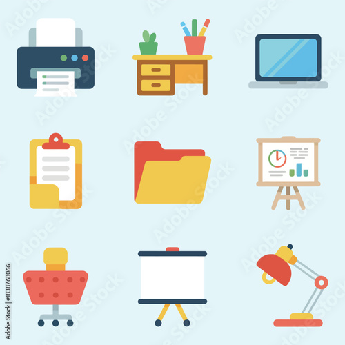 Business presentation icon pack, projector desk printer folder clipboard elements, professional workspace concept, colorful flat vector set