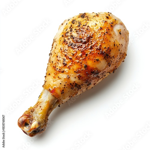 Perfectly seasoned roasted chicken drumstick with crispy golden brown skin on a clean for food photography on white background