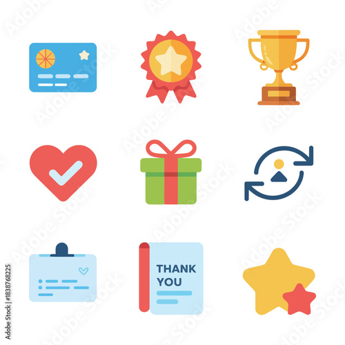 Customer loyalty illustration pack, heart gift badge card symbols, appreciation marketing theme, modern flat vector design