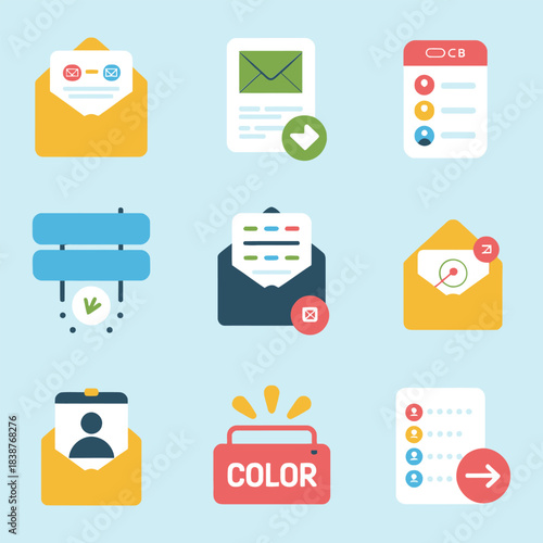 Email communication icon collection, envelope message notification inbox symbols, digital marketing flat vector design illustration set