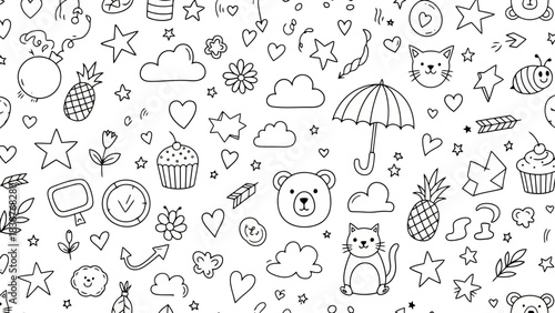 Cute Hand Drawn Doodles with Stars, Hearts, Flowers, Animals, and Food Items